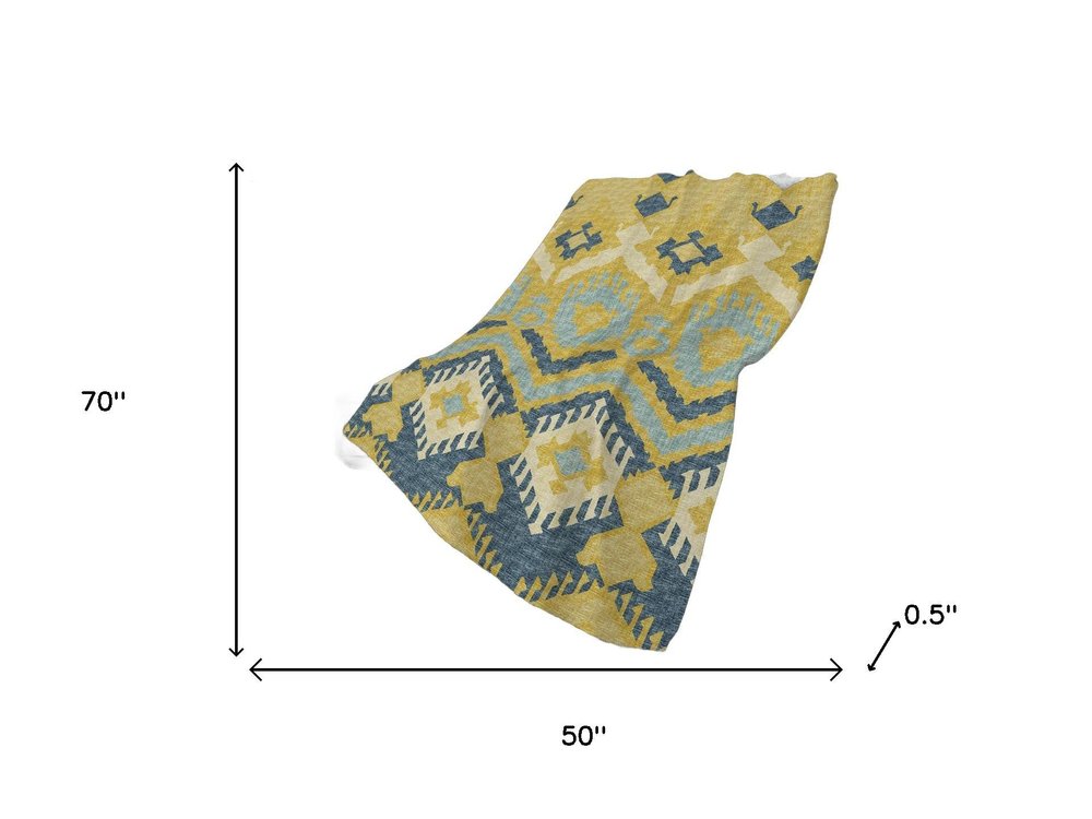 50" X 70" Yellow And Blue Ikat Polyester Woven Plush Throw Blanket