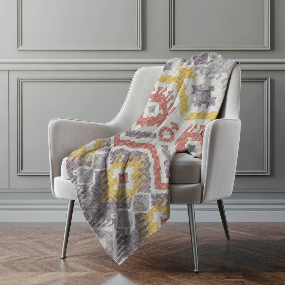50" X 70" Purple Coral And Gold Ikat Polyester Woven Plush Throw Blanket