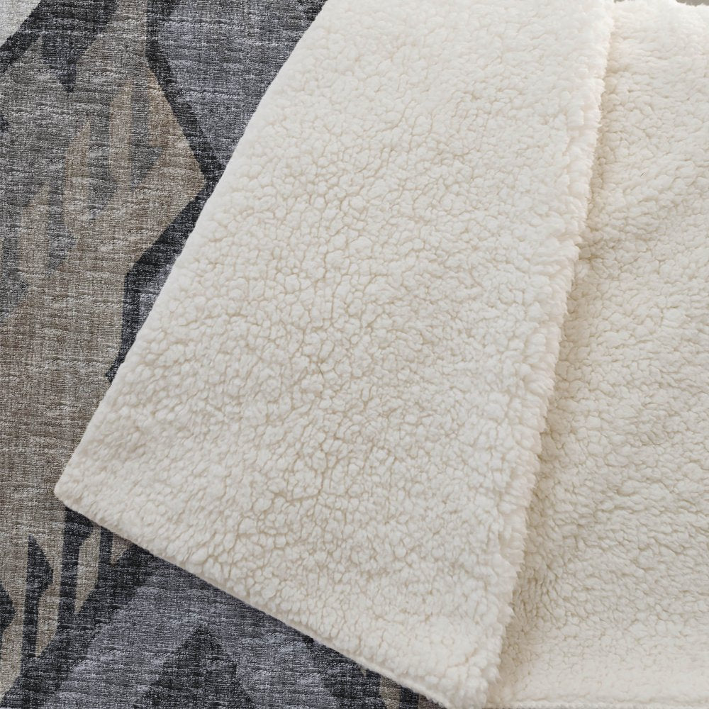 50" X 70" Sand Ivory And Gray Ikat Polyester Woven Plush Throw Blanket