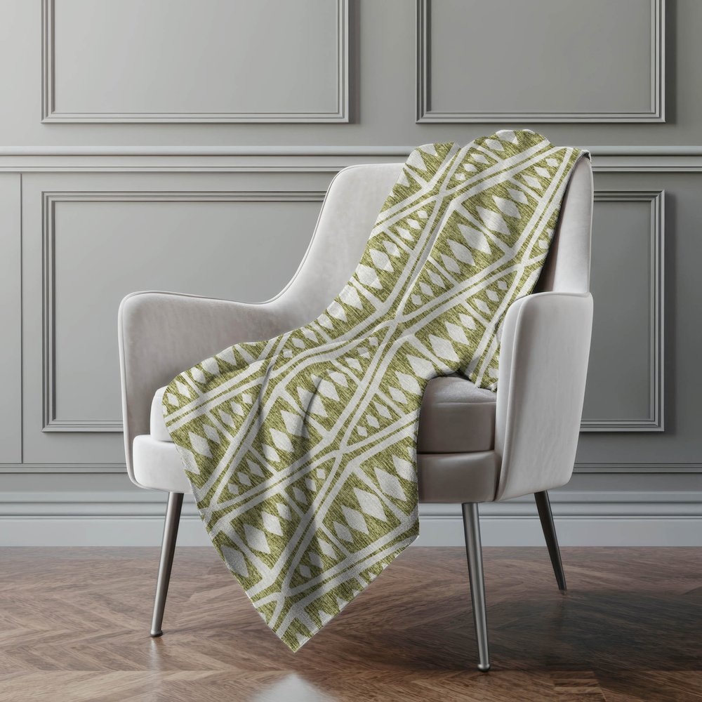 50" X 70" Olive Green And Beige Geometric Polyester Woven Plush Throw Blanket