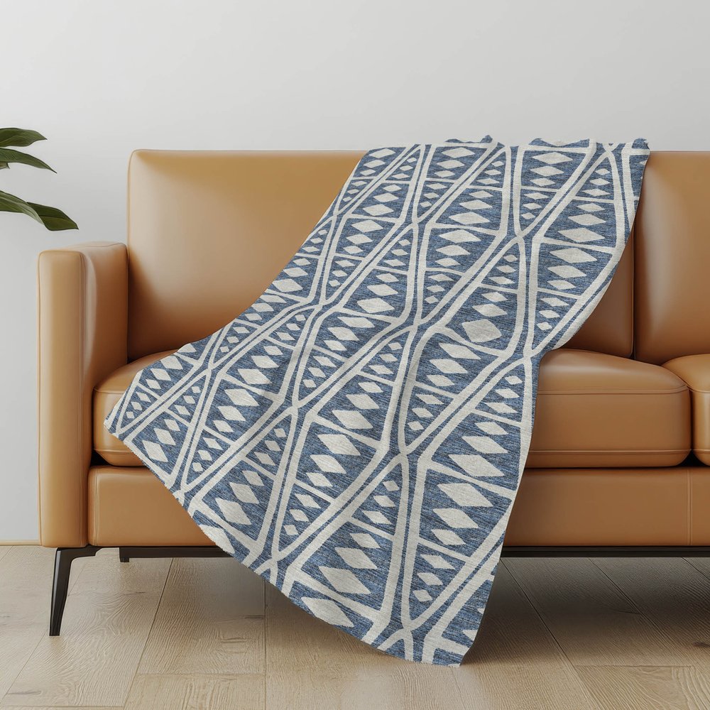 50" X 70" Blue And Ivory Geometric Microfiber Plush Throw Blanket