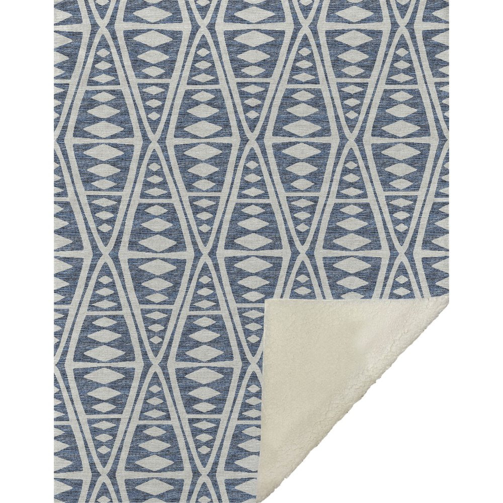 50" X 70" Blue And Ivory Geometric Microfiber Plush Throw Blanket