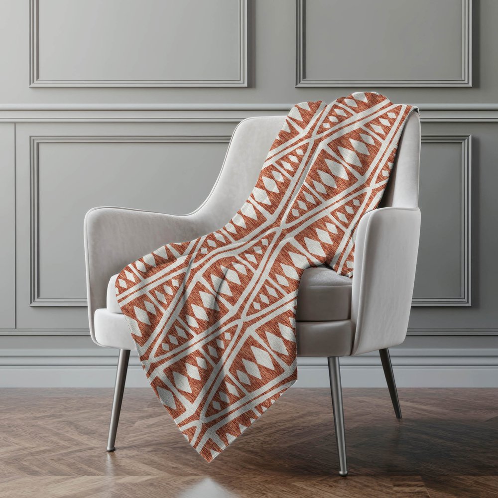 50" X 70" Rust And Beige Geometric Polyester Woven Plush Throw Blanket