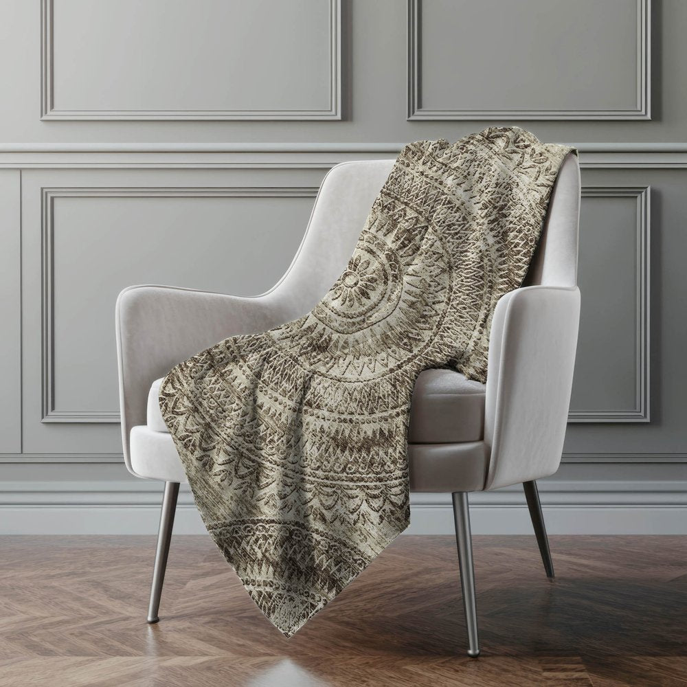 50" X 70" Brown And Beige Floral Polyester Woven Plush Throw Blanket