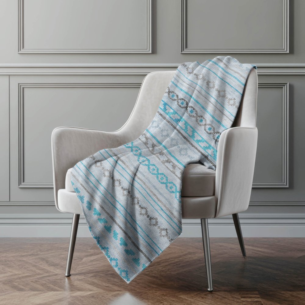 50" X 70" Turquoise And Gray Geometric Microfiber Plush Throw Blanket