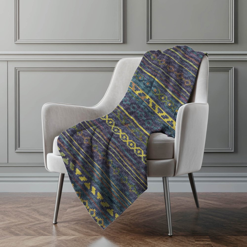 50" X 70" Blue Gold And Green Geometric Microfiber Plush Throw Blanket