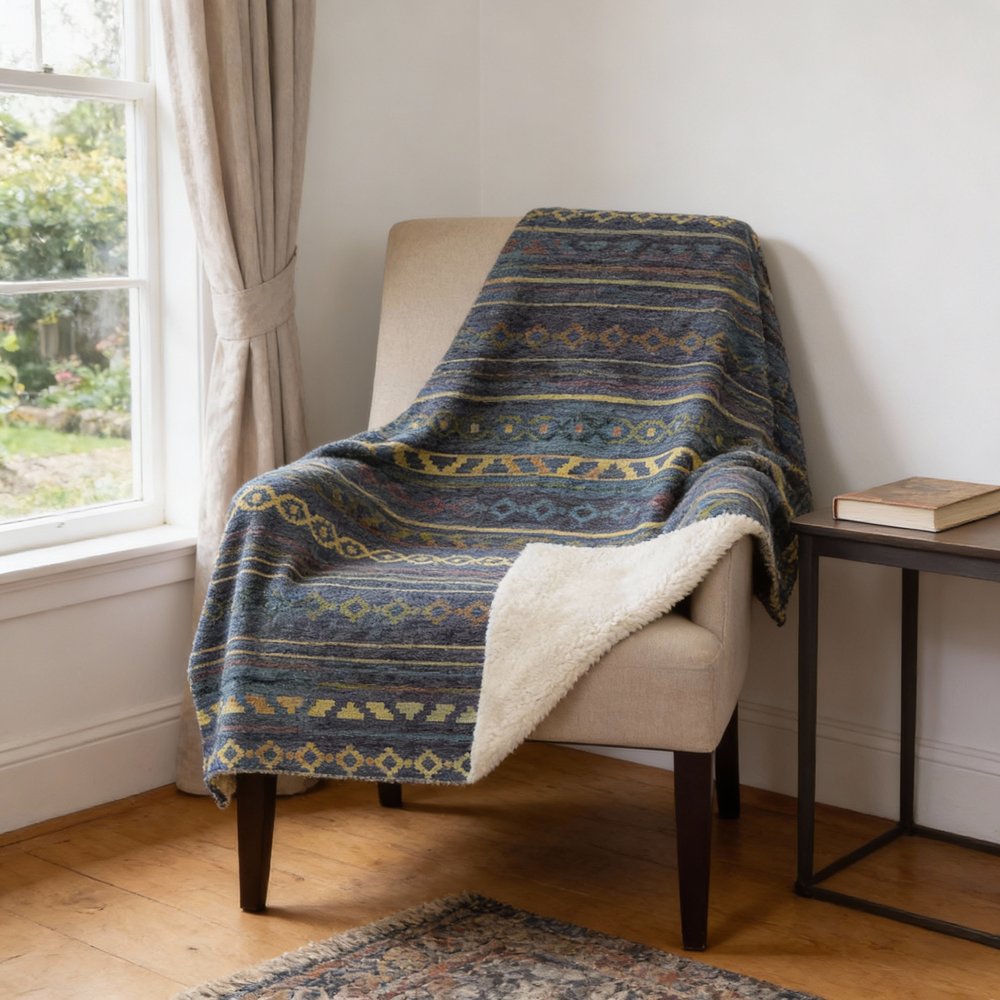 50" X 70" Blue Gold And Green Geometric Microfiber Plush Throw Blanket