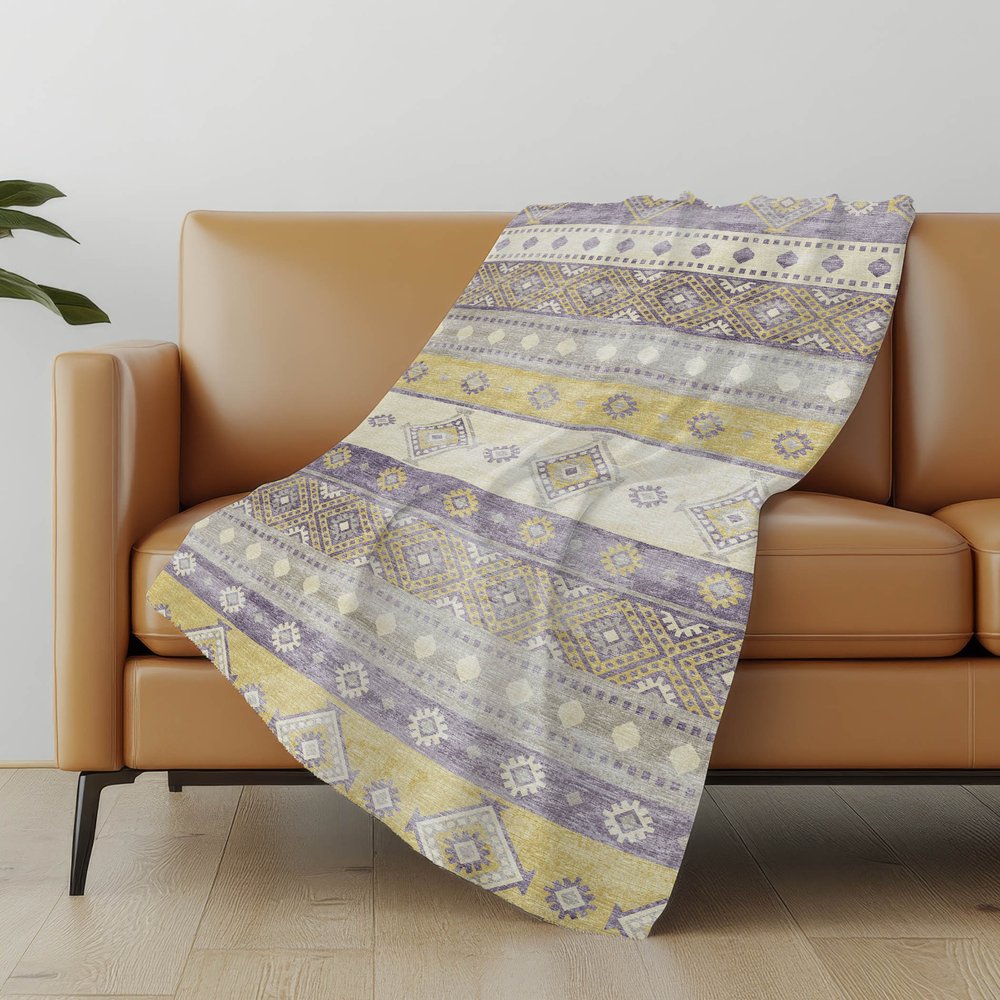 50" X 70" Purple Gold And Beige Geometric Microfiber Plush Throw Blanket