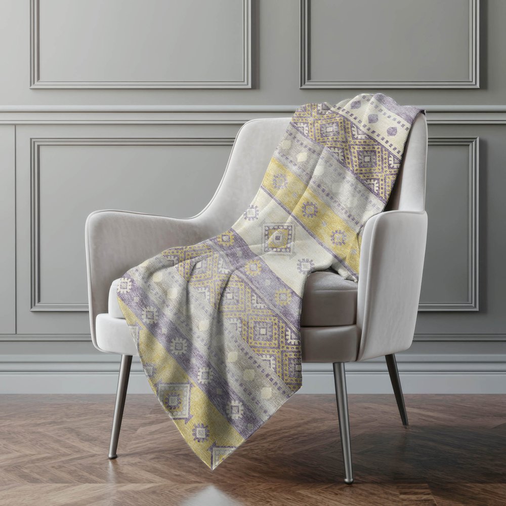 50" X 70" Purple Gold And Beige Geometric Microfiber Plush Throw Blanket