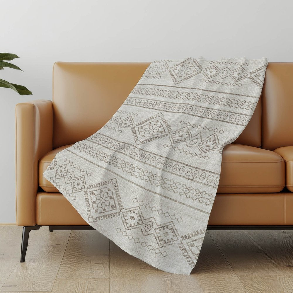 50" X 70" Taupe And Ivory Geometric Microfiber Plush Throw Blanket