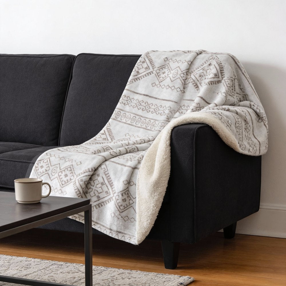 50" X 70" Taupe And Ivory Geometric Microfiber Plush Throw Blanket