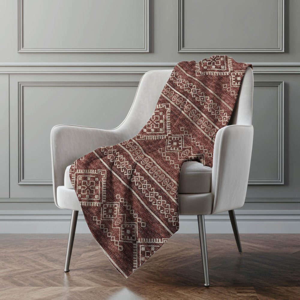 50" X 70" Rust And Ivory Geometric Microfiber Plush Throw Blanket