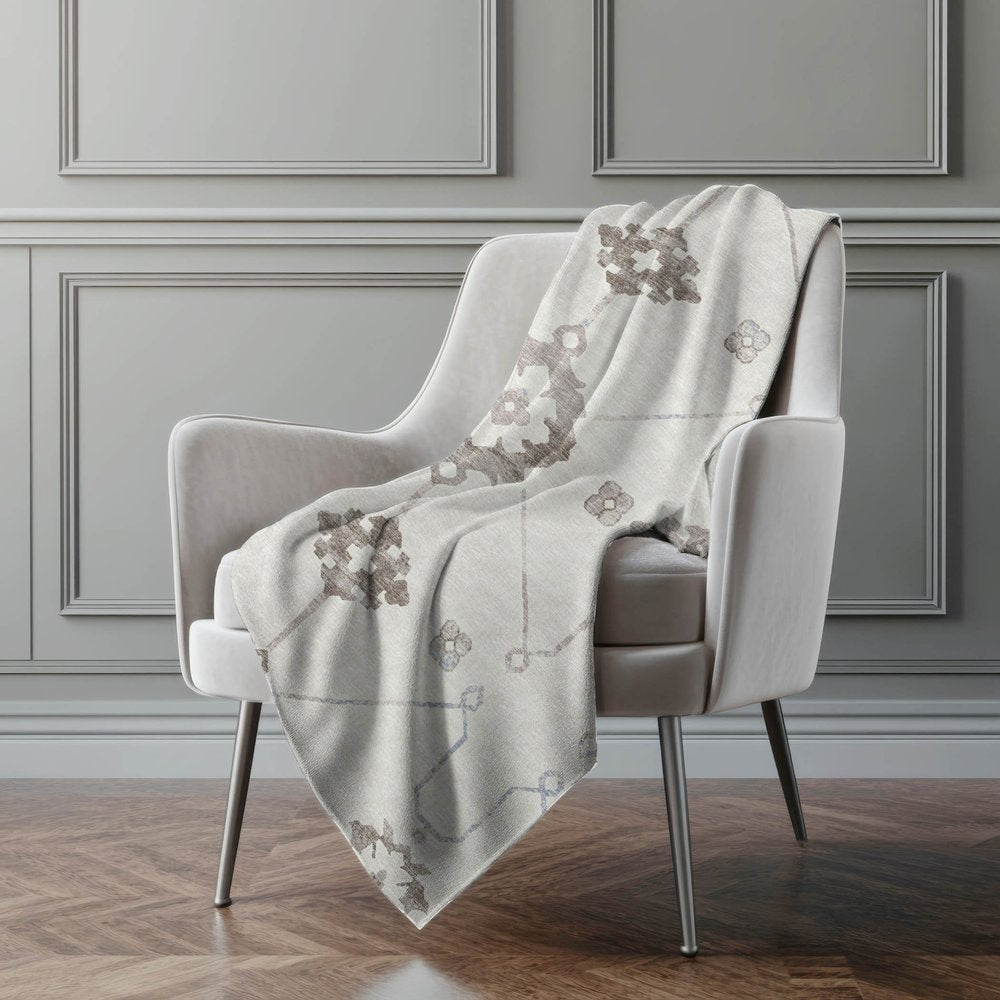 50" X 70" Taupe And Ivory Floral Polyester Woven Plush Throw Blanket