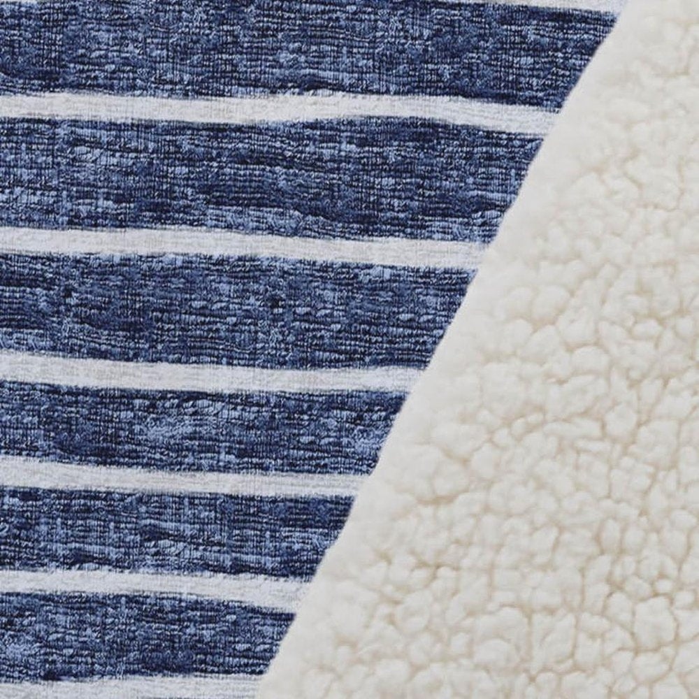 50" X 70" Navy Blue And Ivory Striped Polyester Woven Plush Throw Blanket