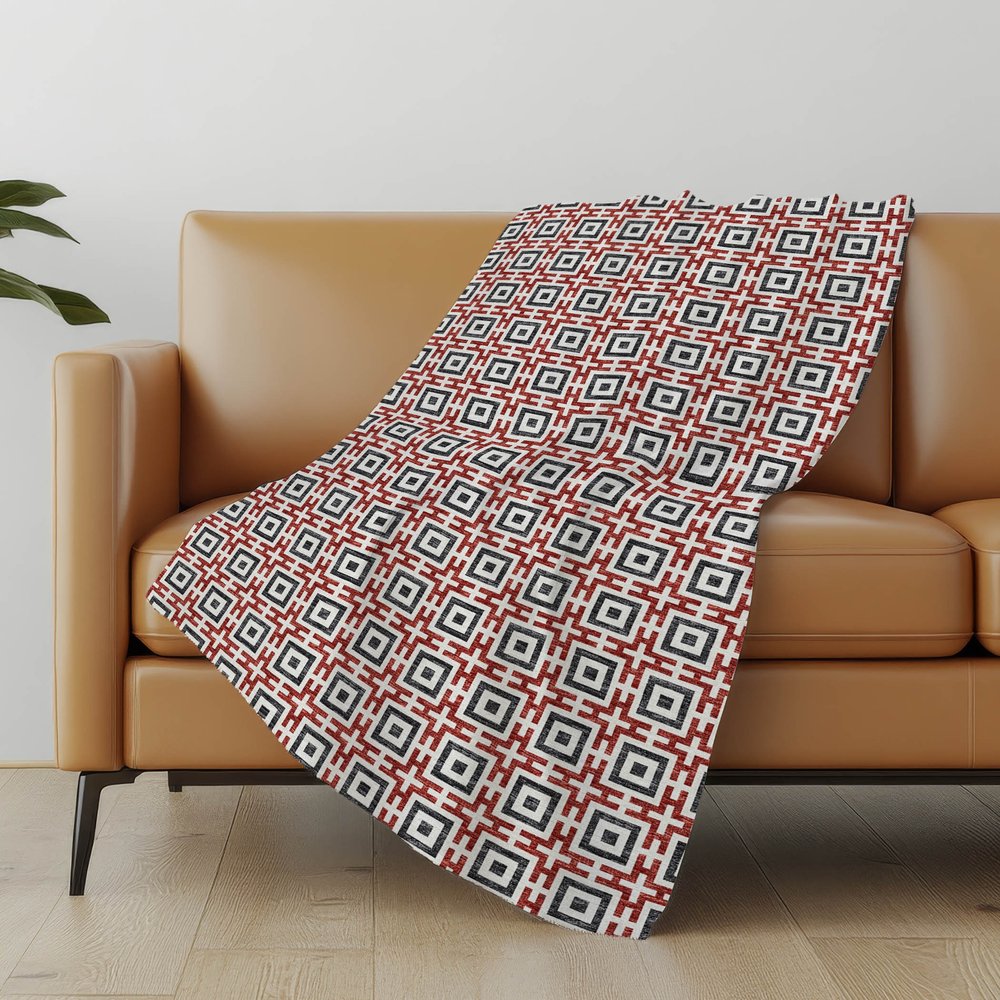 50" X 70" Red Ivory And Black Geometric Microfiber Plush Throw Blanket