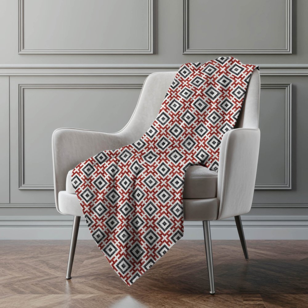 50" X 70" Red Ivory And Black Geometric Microfiber Plush Throw Blanket