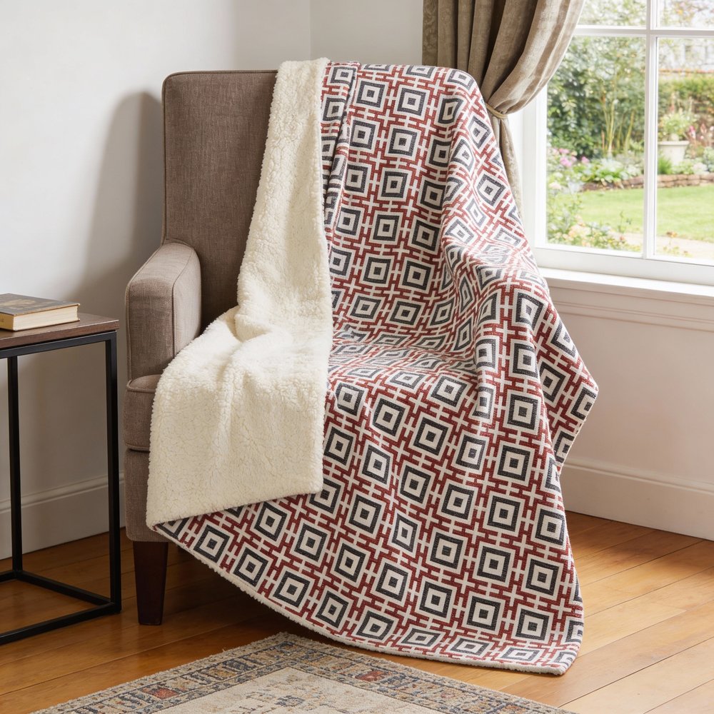 50" X 70" Red Ivory And Black Geometric Microfiber Plush Throw Blanket