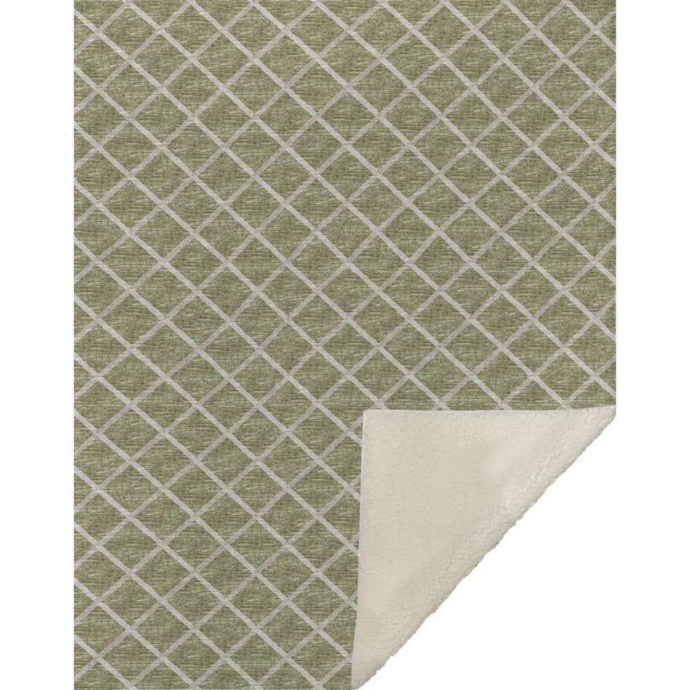 50" X 70" Artichoke Green And Beige Geometric Microfiber Plush Throw Blanket