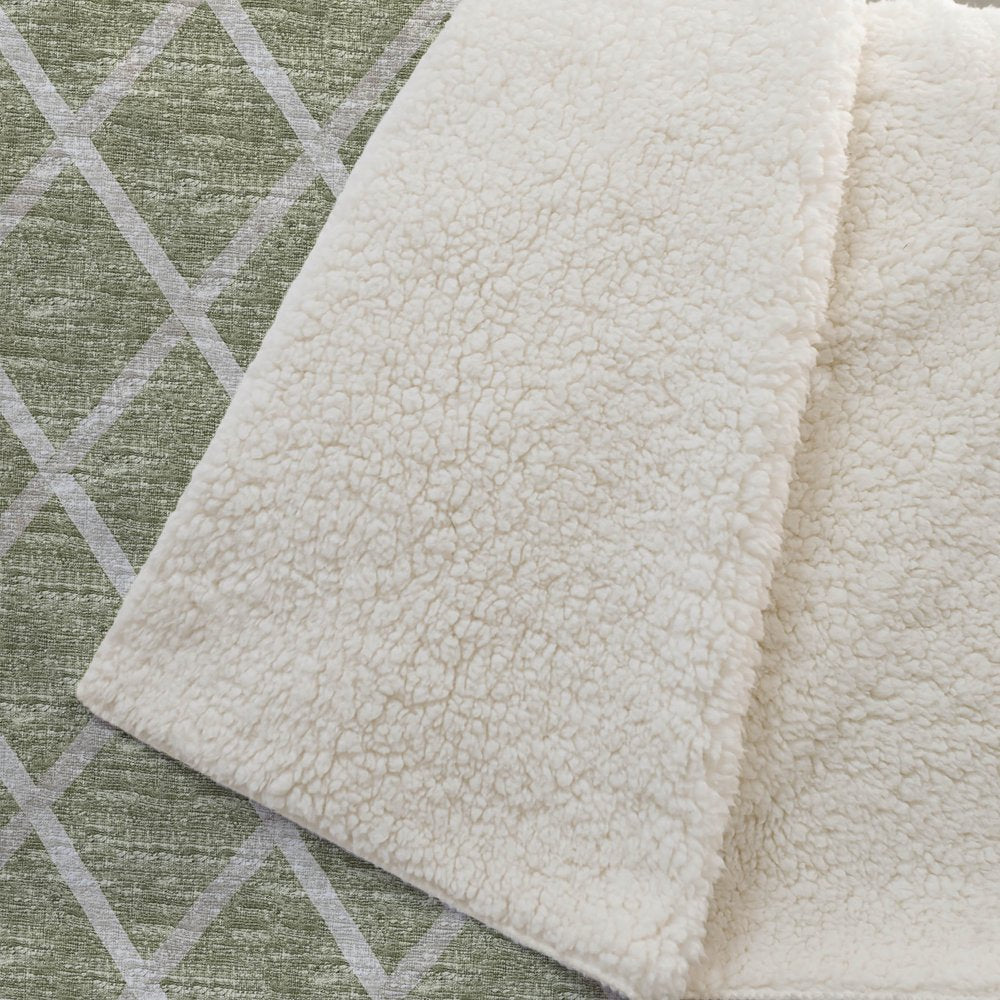 50" X 70" Artichoke Green And Beige Geometric Microfiber Plush Throw Blanket