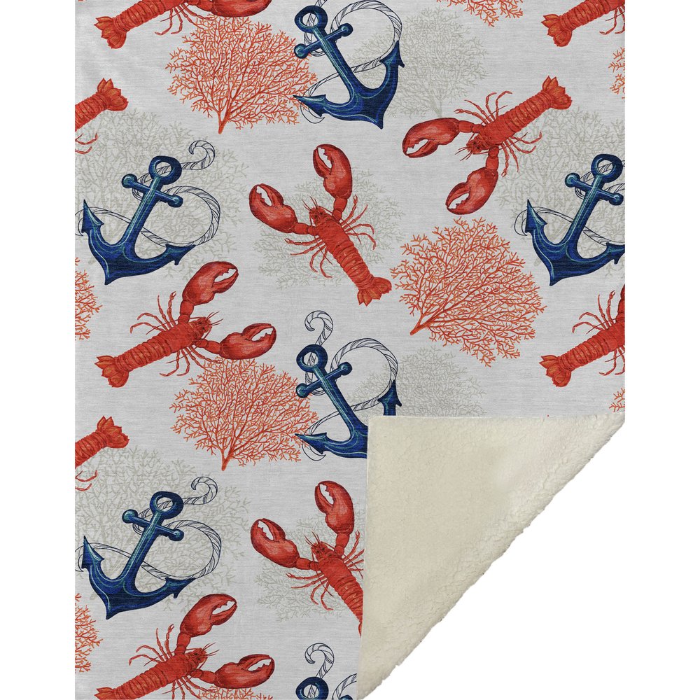 50" X 70" Ivory Red And Blue Animal Print Microfiber Plush Throw Blanket
