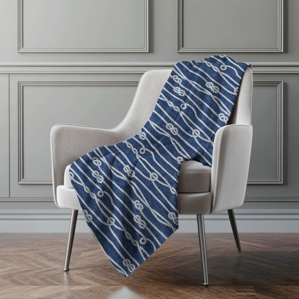 50" X 70" Navy Blue And Ivory Striped Polyester Woven Plush Throw Blanket