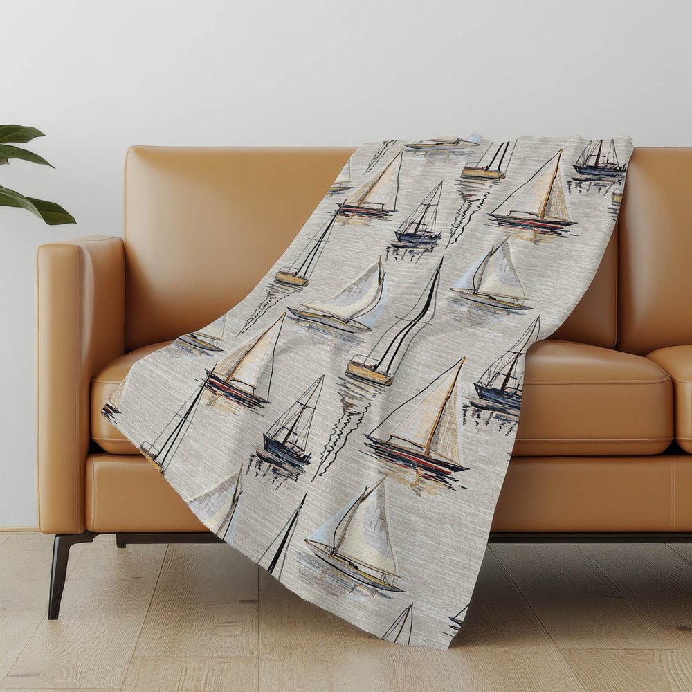 50" X 70" Beige Charcoal And Ivory Sailboat Microfiber Plush Throw Blanket