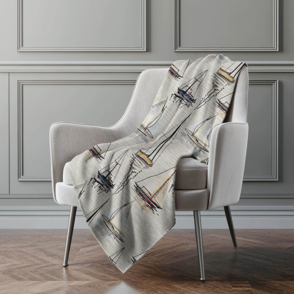 50" X 70" Beige Charcoal And Ivory Sailboat Microfiber Plush Throw Blanket