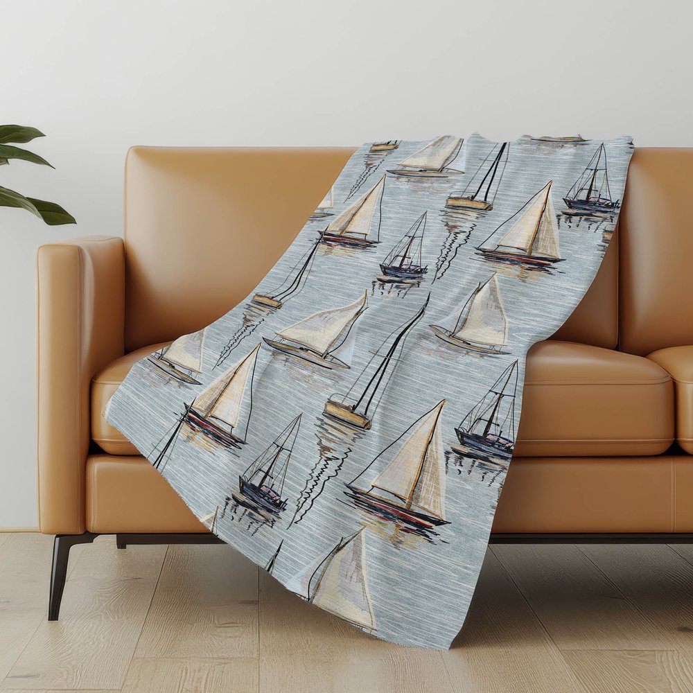 50" X 70" Beige Ivory And Sky Blue Sailboat Microfiber Plush Throw Blanket