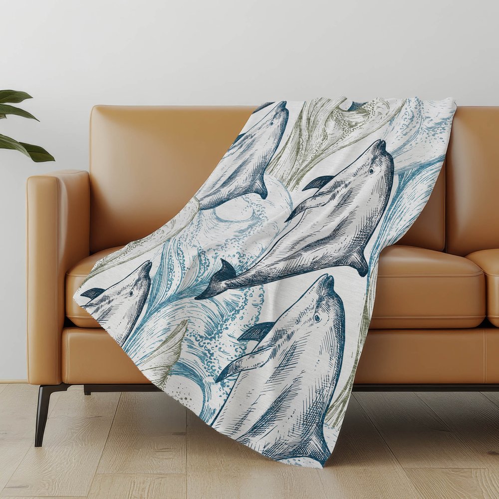 50" X 70" Ivory And Blue Animal Print Polyester Woven Plush Throw Blanket
