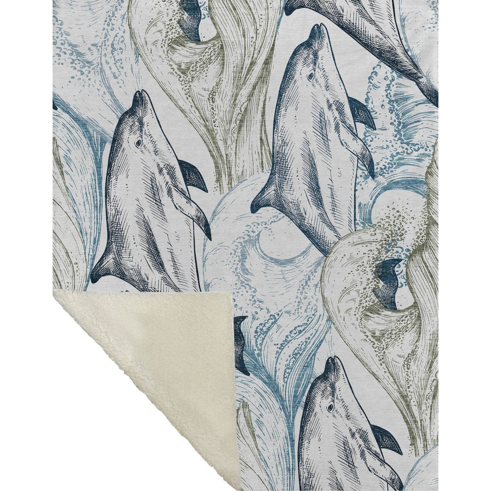 50" X 70" Ivory And Blue Animal Print Polyester Woven Plush Throw Blanket