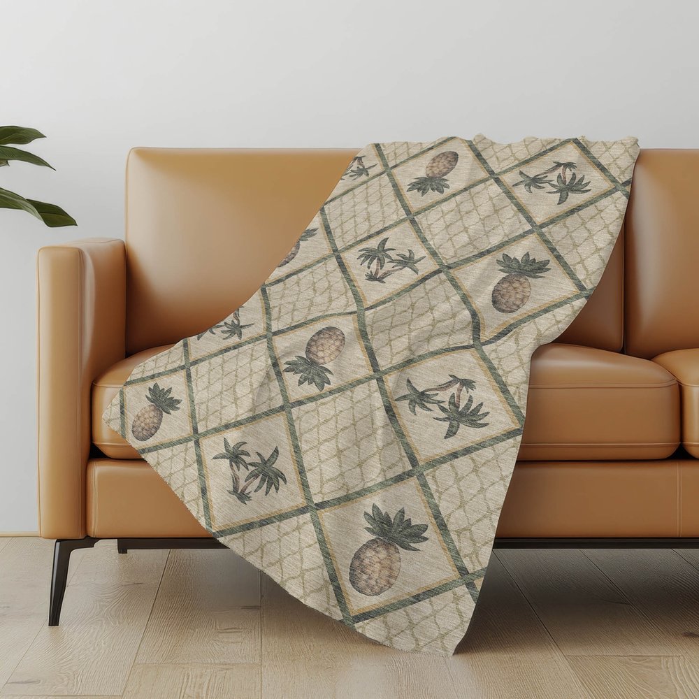 50" X 70" Beige Gold And Green Geometric Microfiber Plush Throw Blanket