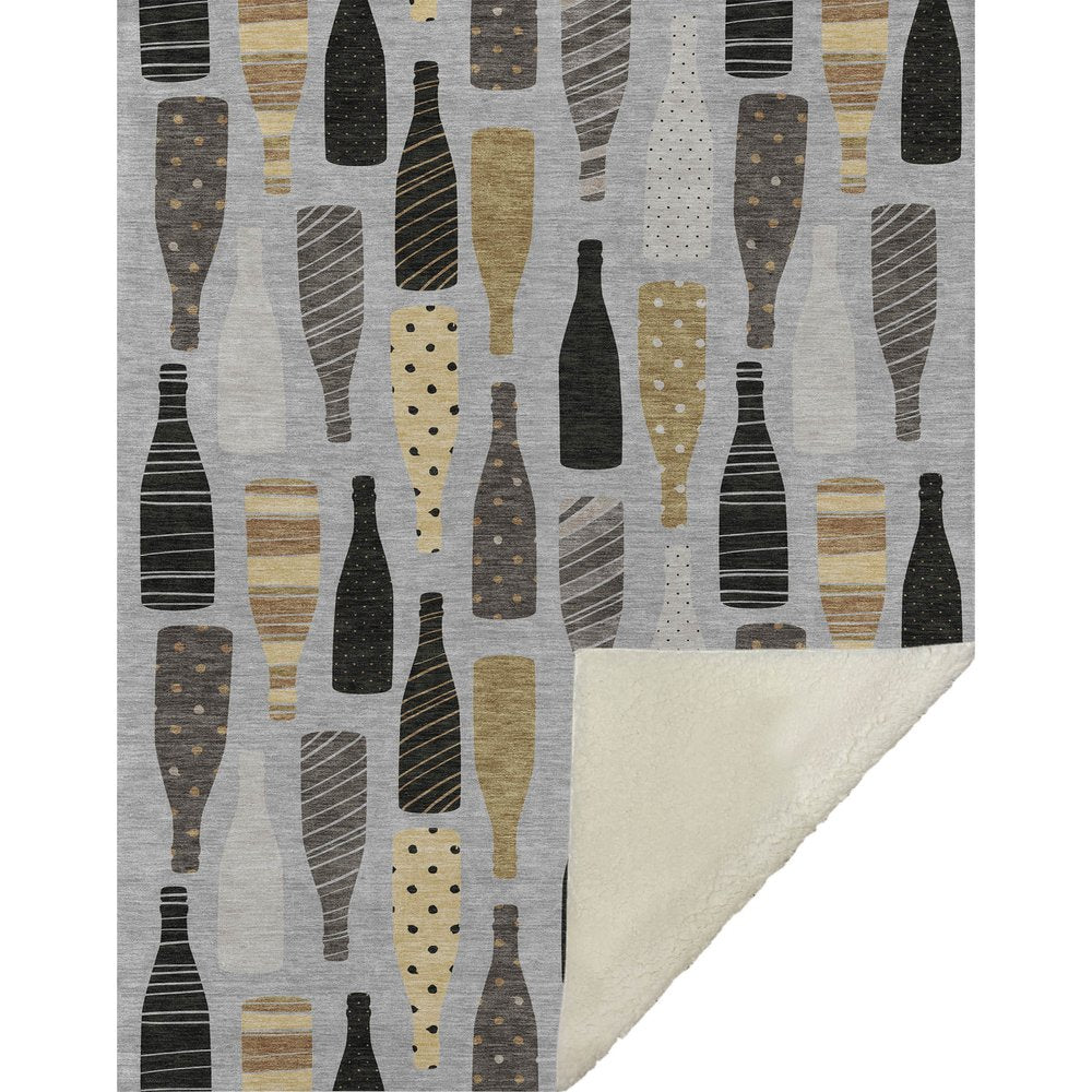 50" X 70" Gray Black And Gold Champagne Bottle Stripe Microfiber Plush Throw Blanket