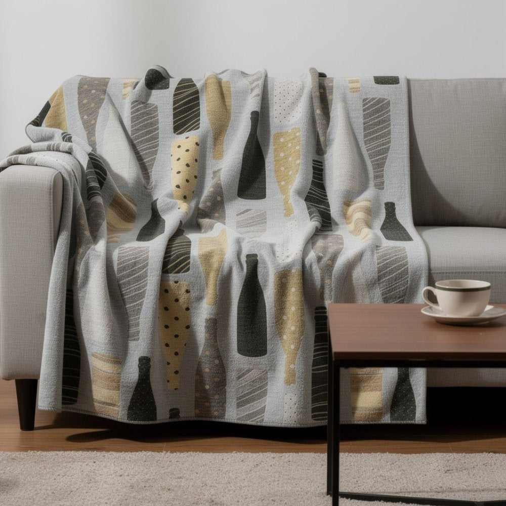 50" X 70" Gray Black And Gold Champagne Bottle Stripe Microfiber Plush Throw Blanket