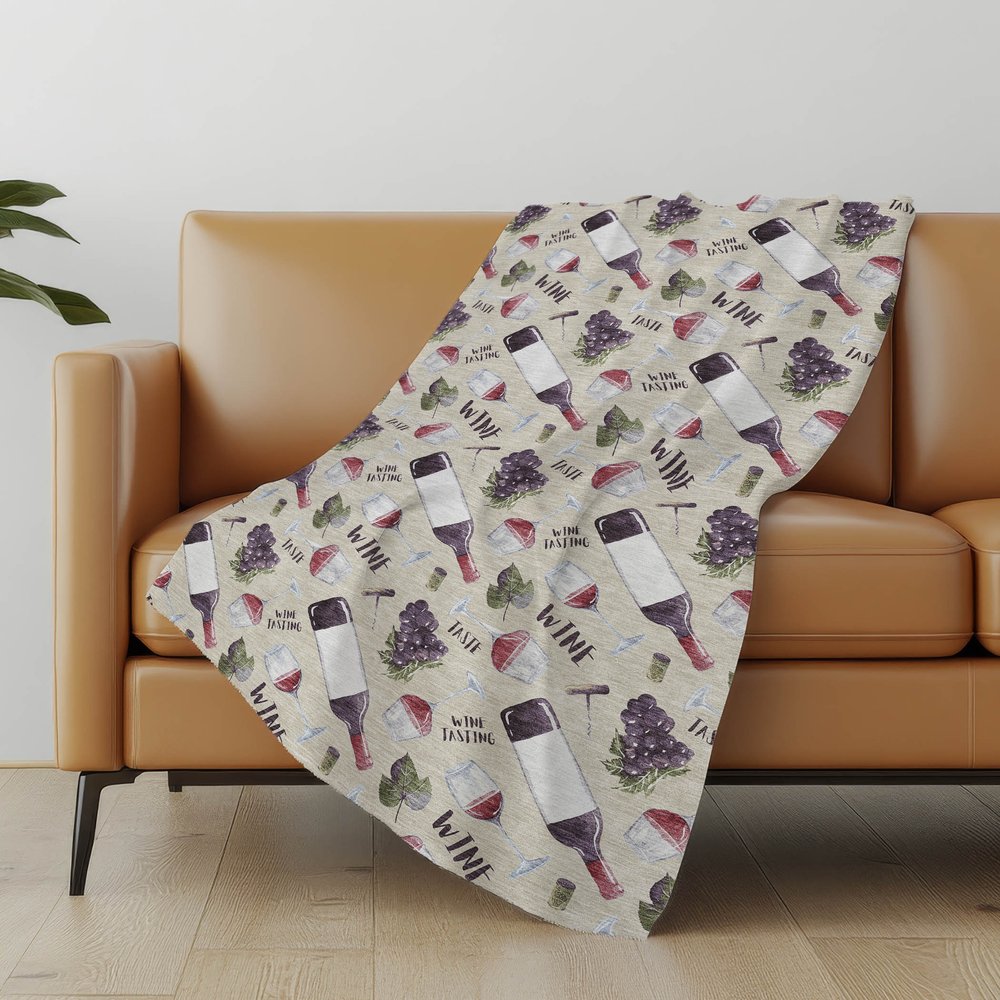 50" X 70" Ivory Purple And Green Wine Tasting Microfiber Plush Throw Blanket