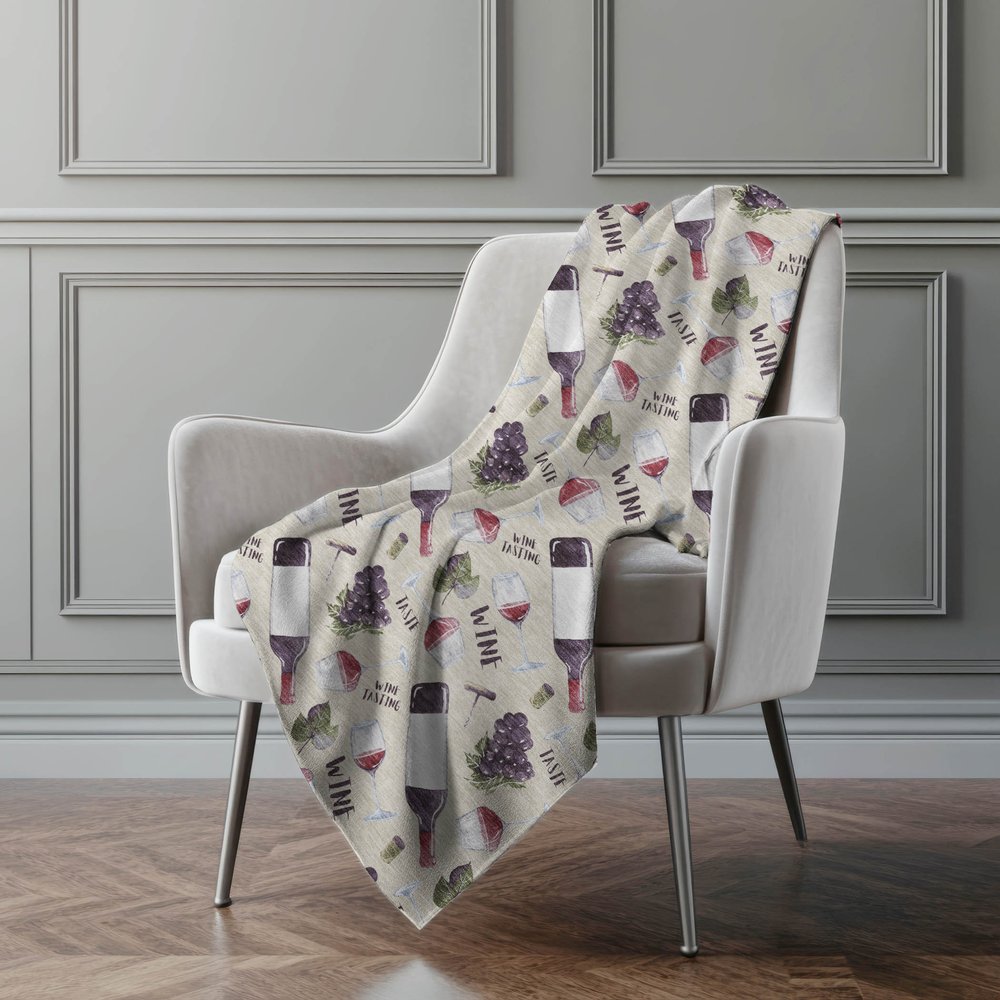 50" X 70" Ivory Purple And Green Wine Tasting Microfiber Plush Throw Blanket
