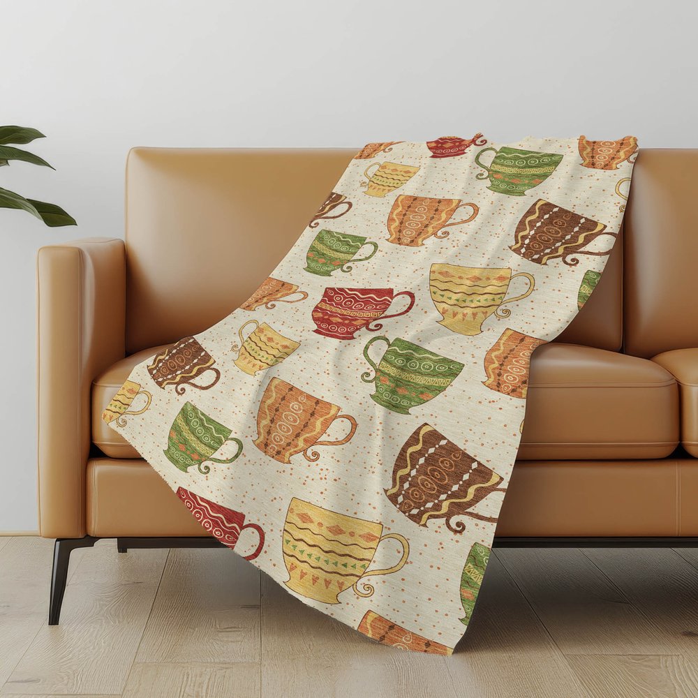 50" X 70" Ivory Orange And Green Teacups Microfiber Plush Throw Blanket