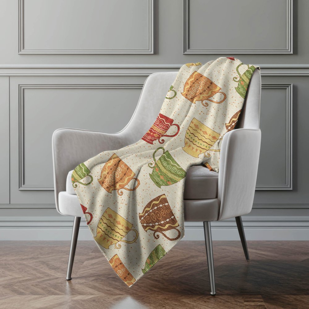 50" X 70" Ivory Orange And Green Teacups Microfiber Plush Throw Blanket