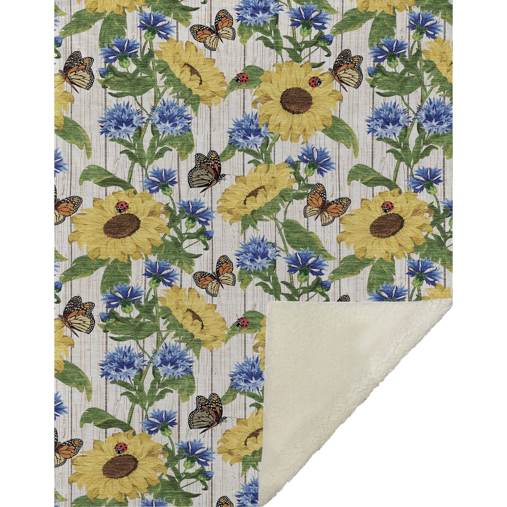 50" X 70" Ivory And Yellow Sunflower Floral Microfiber Plush Throw Blanket