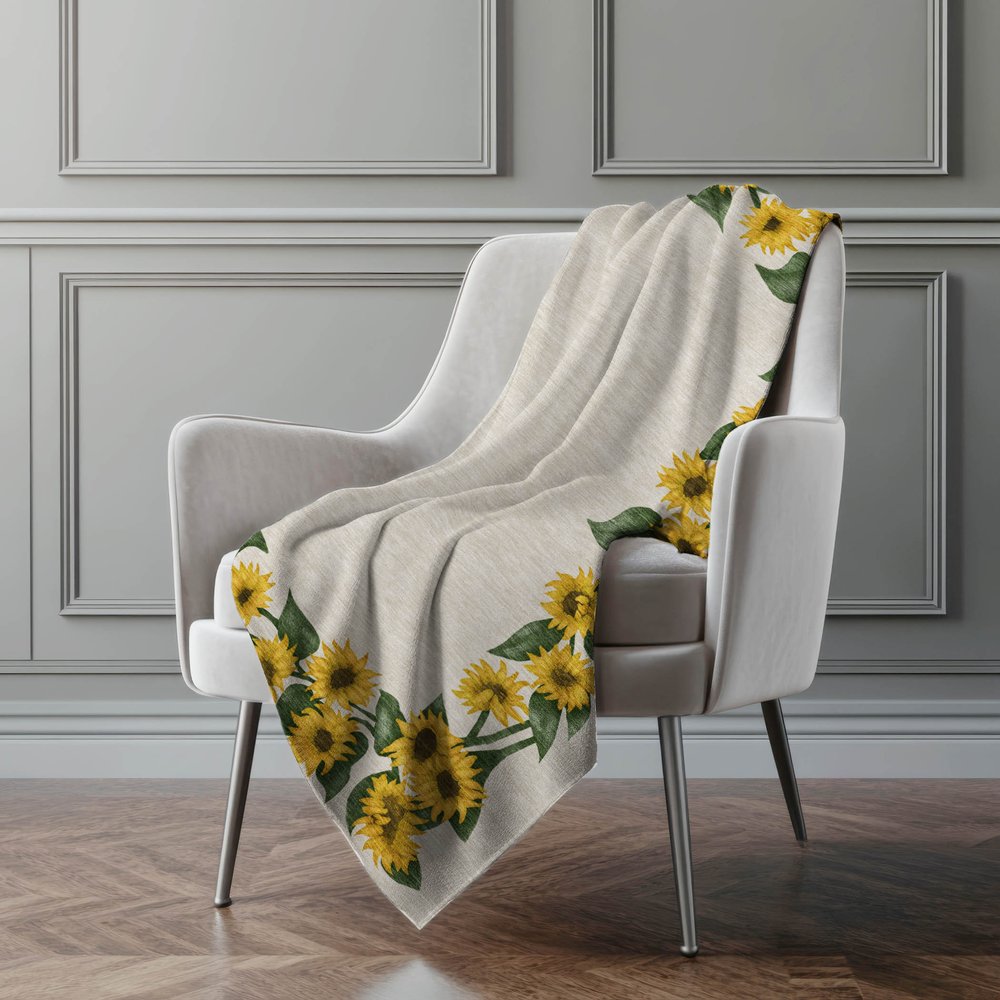 50" X 70" Beige And Yellow Sunflower Floral Microfiber Plush Throw Blanket
