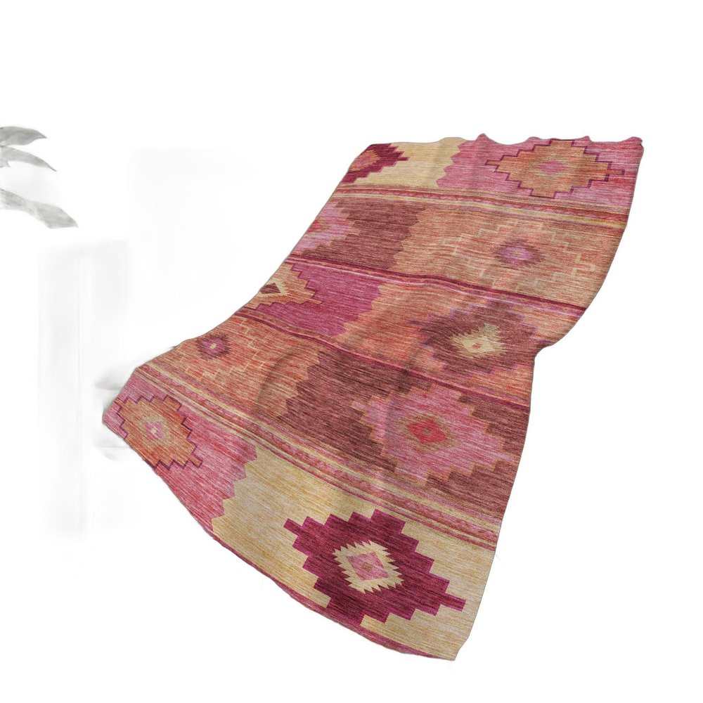 50" X 70" Pink Rust And Beige Geometric Polyester Woven Plush Throw Blanket