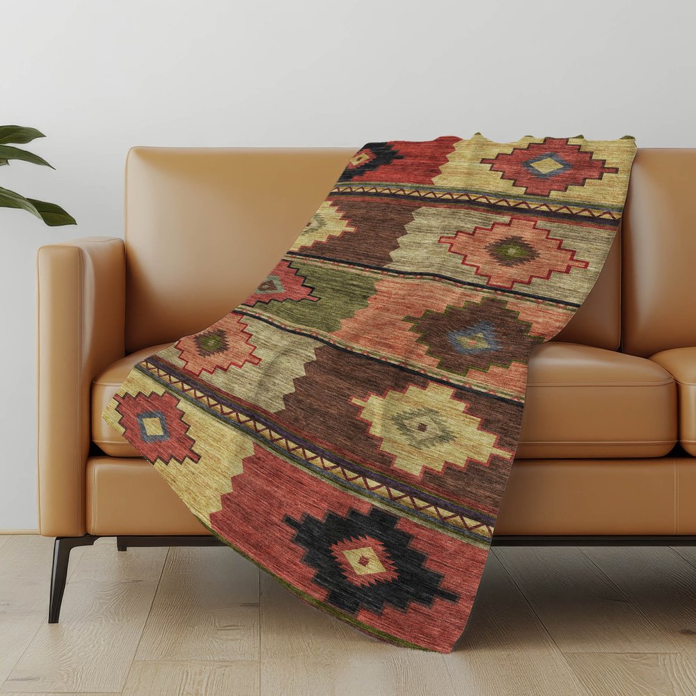 50" X 70" Rust Green And Beige Geometric Polyester Woven Plush Throw Blanket