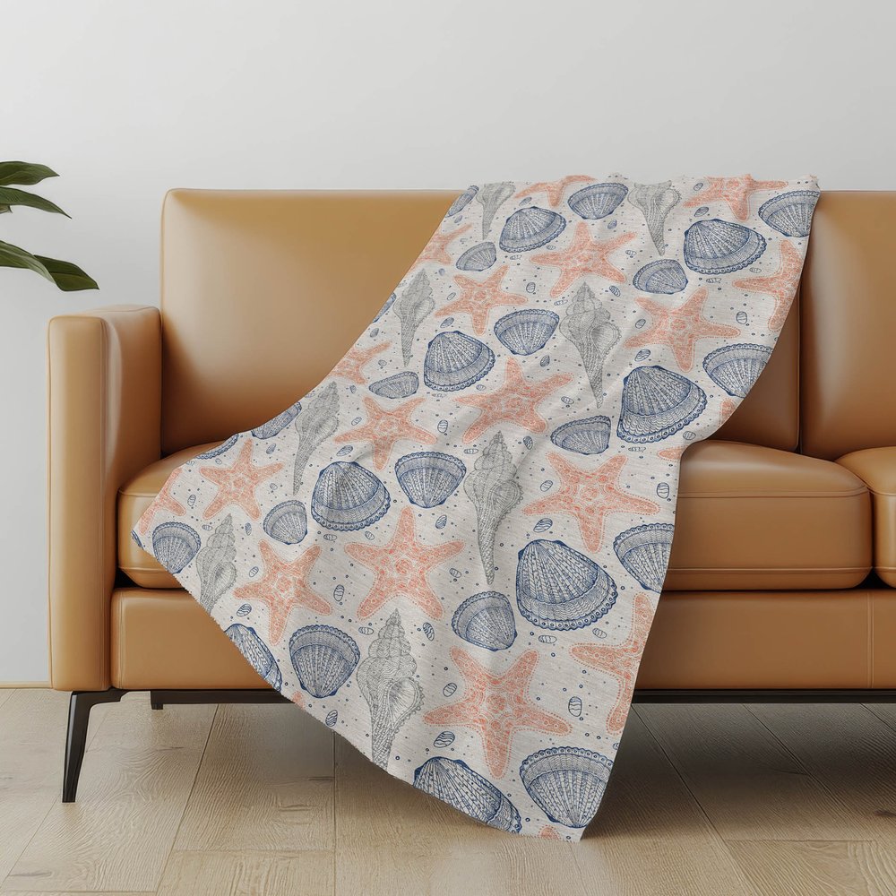 50" X 70" Peach Ivory And Blue Animal Print Polyester Woven Plush Throw Blanket
