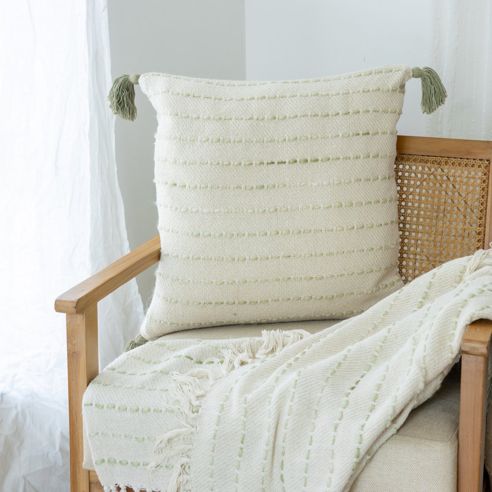 50" X 60" Green And Ivory Striped Cotton Blend Woven Throw Blanket