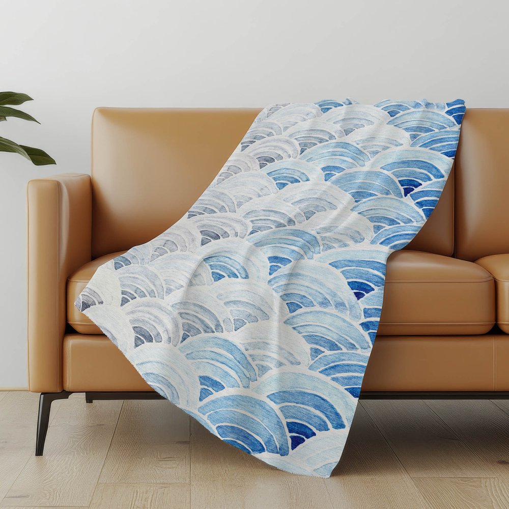 50" X 70" Blue And Ivory Coastal Seashell Microfiber Plush Throw Blanket