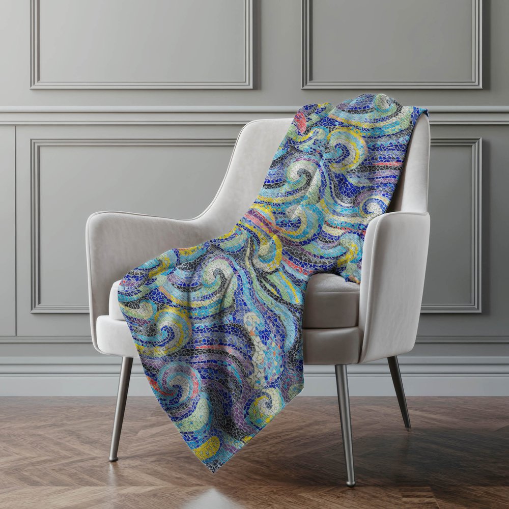 50" X 70" Blue Yellow And Ivory Abstract Polyester Woven Plush Throw Blanket