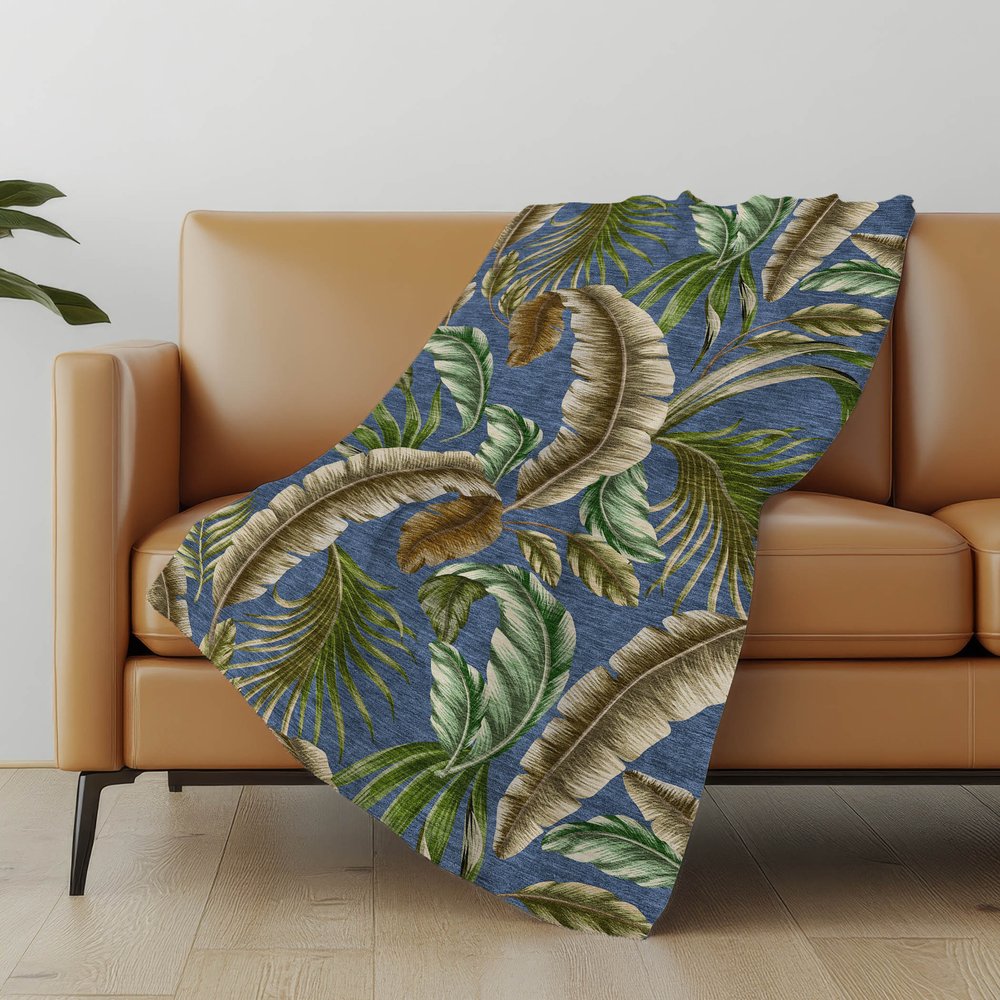 50" X 70" Blue Green And Beige Leaves Microfiber Plush Throw Blanket