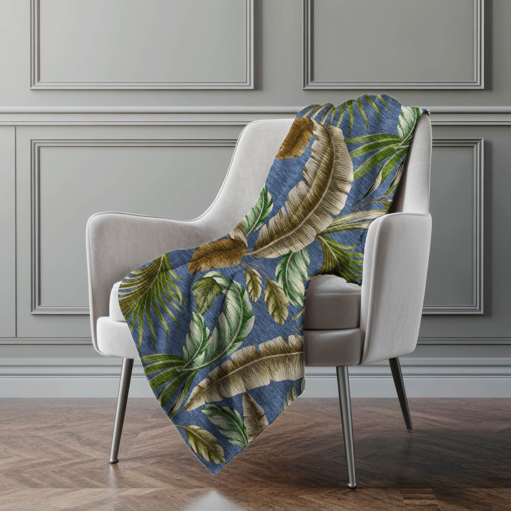 50" X 70" Blue Green And Beige Leaves Microfiber Plush Throw Blanket