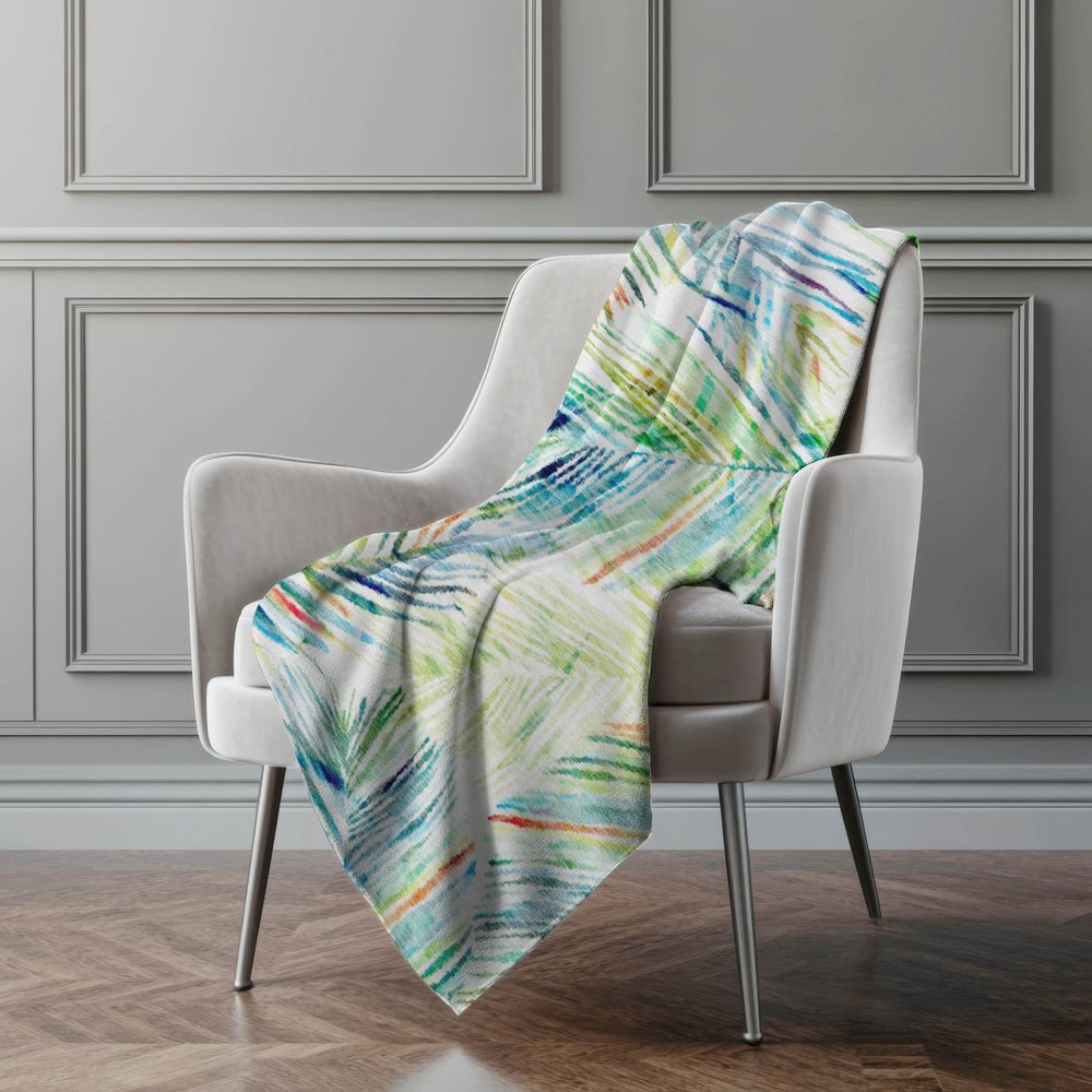 50" X 70" Ivory Blue And Green Leaves Microfiber Plush Throw Blanket