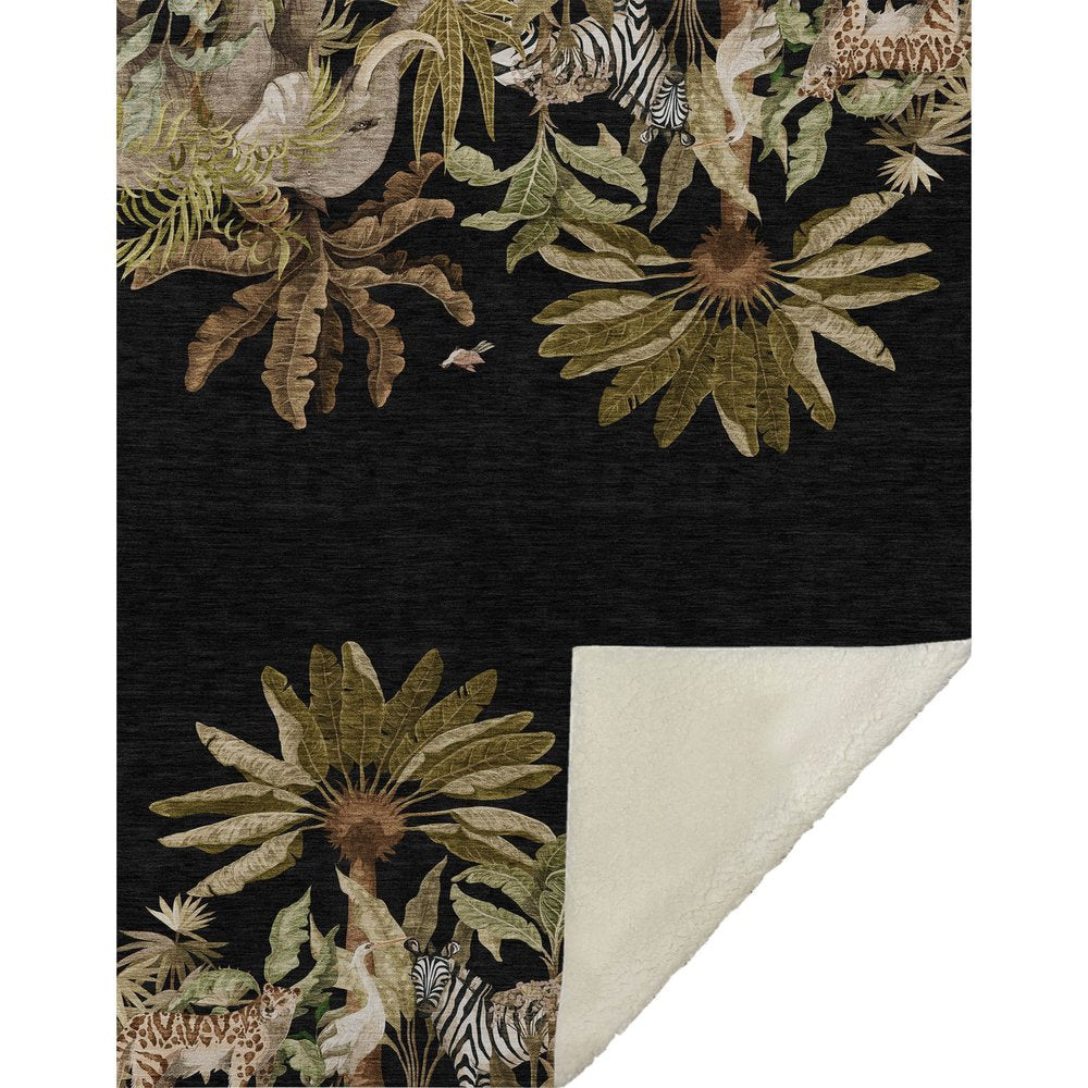 50" X 70" Midnight Olive Green And Ivory Animal Print Microfiber Plush Throw Blanket