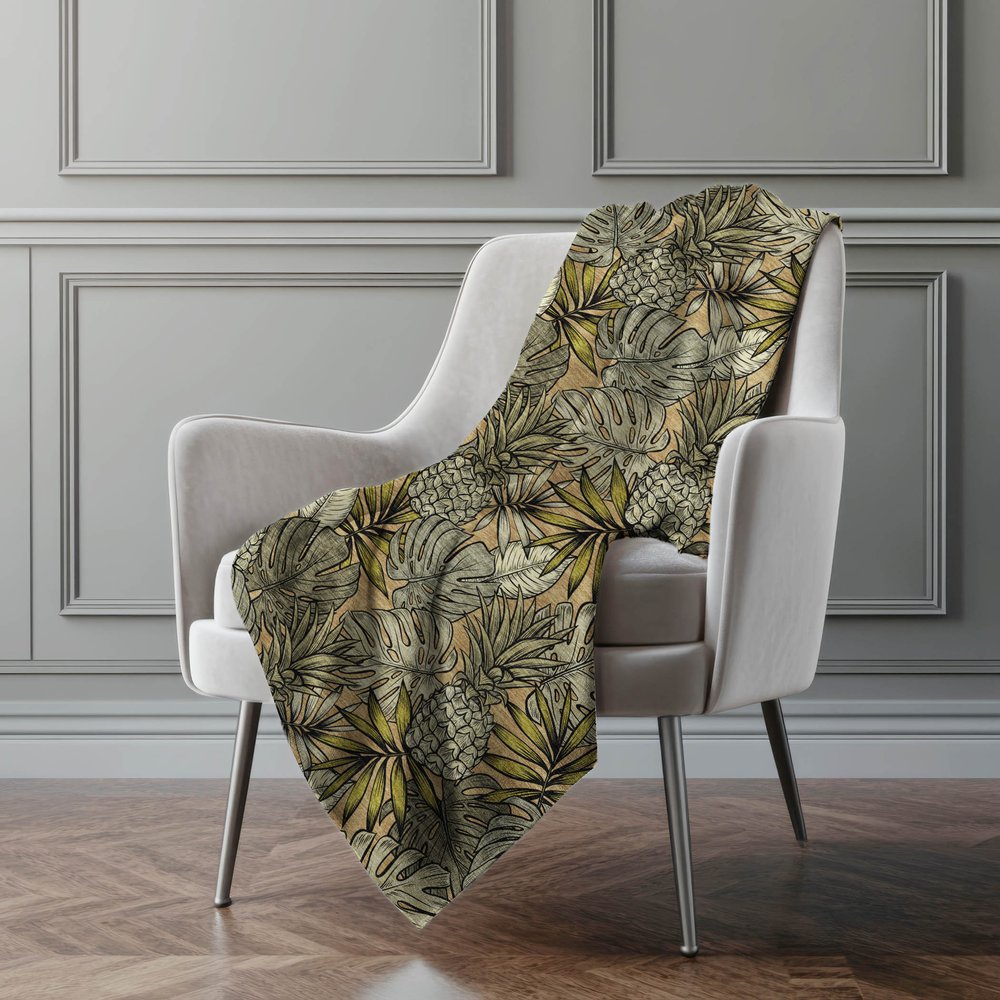 50" X 70" Chocolate Ivory And Taupe Leaves Polyester Woven Plush Throw Blanket